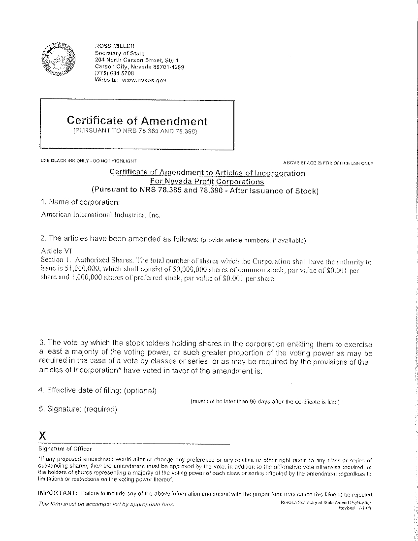 Cert. of Amendment to Articles of Incorp.